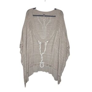 Free People Sm Beige Knit Poncho Sweater V neck OpenKnit FringeBoho Unique Rare
